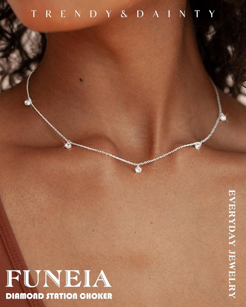 FUNEIA Dainty Silver Gold Necklaces for Women Trendy Non Tarnish 14K Gold Plated Cubic Zirconia Necklace Layered Cute Butterfly Heart Station Choker Necklace Stack for Wedding Prom Brides Jewelry - Image 2
